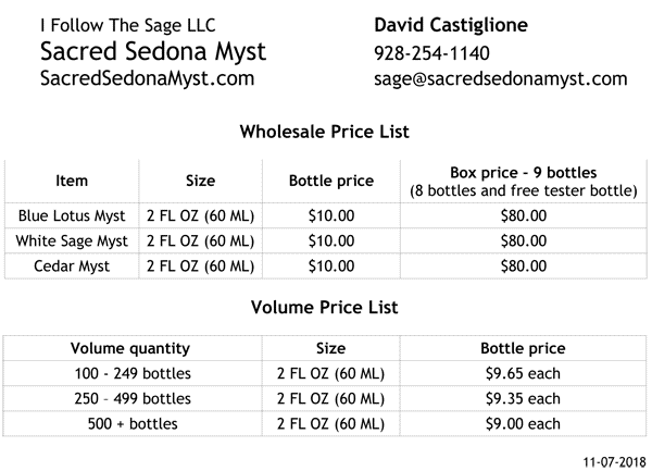 Sacred Sedona Myst Wholesale Price List